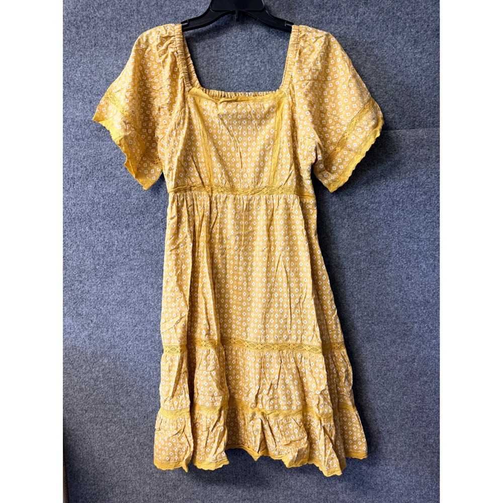 In Loom Womens Mustard Yellow Floral Crochet Trim Smocked Back Mini Dress Small